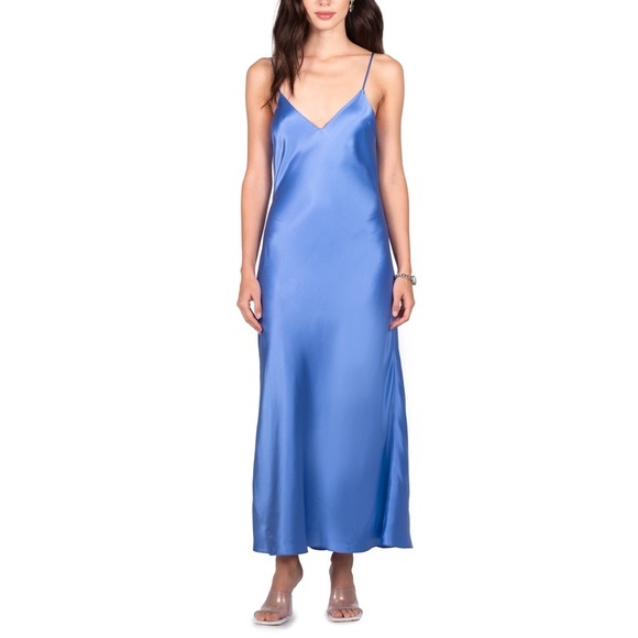DANNIJO Mossy Slip Maxi Bias Dress Side Slit Blue Satin Silk Womens Size Small - Picture 1 of 10
